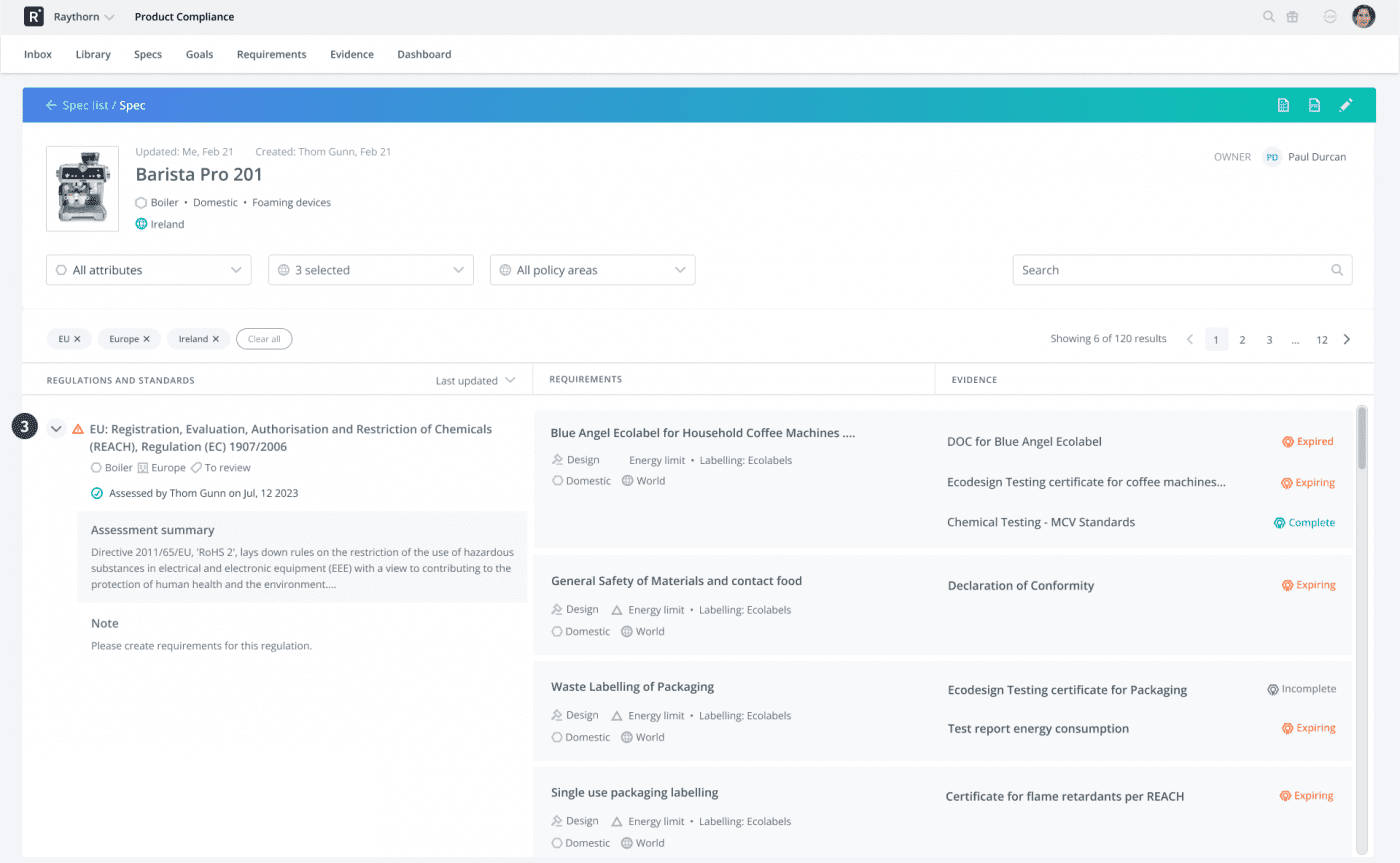 Product Portfolio view with Regulations linked to Requirements & Evidence in C2P Platform