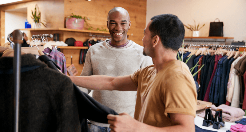 Men shopping for clothes - concept for California's Responsible Textile Recovery Act