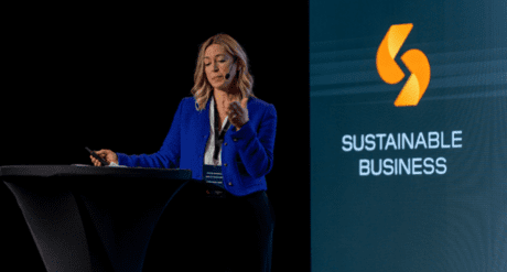 Joanne O'Donnell speaking at podium - Sustainable Business Nordic conference 2025